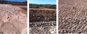 Three images of a rocky landscape show varying perspectives. The first image highlights a heap of large rocks, the second shows a layered terrain with soil and stones, and the third presents a close-up of rough gravel. Trees are visible in the background.