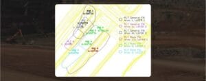 A construction site map overlay on a background showing excavators and dirt. The map highlights different areas with labels such as "PLT General Fill" and "PLT Rock," along with coordinates and measurements.