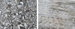 Left side shows a close-up of a pile of gray and beige rocks of various sizes. Right side displays a patch of flat, rocky ground with tire tracks and scattered small stones. Both images convey a rugged, natural texture.