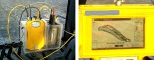 A yellow geophysical instrument is mounted with several cables attached, shown in two sections. On the right, its screen displays a topographic map with data points, used for geological surveys or mapping.