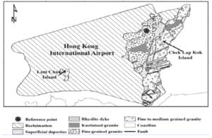 A geological map of Chek Lap Kok Airport displays land types with a key featuring symbols for reference points, rhyolite dykes, granites, reclamation areas, superficial deposits, fault lines, and coastlines. Lantau and Chek Lap Kok Islands are clearly labeled.