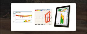 Three digital screens harness cutting-edge technology to display mining software data: a cross-section view with a colored heatmap, a top-down layout with track paths, and a tablet featuring a detailed excavation site analysis with intuitive controls on the side.