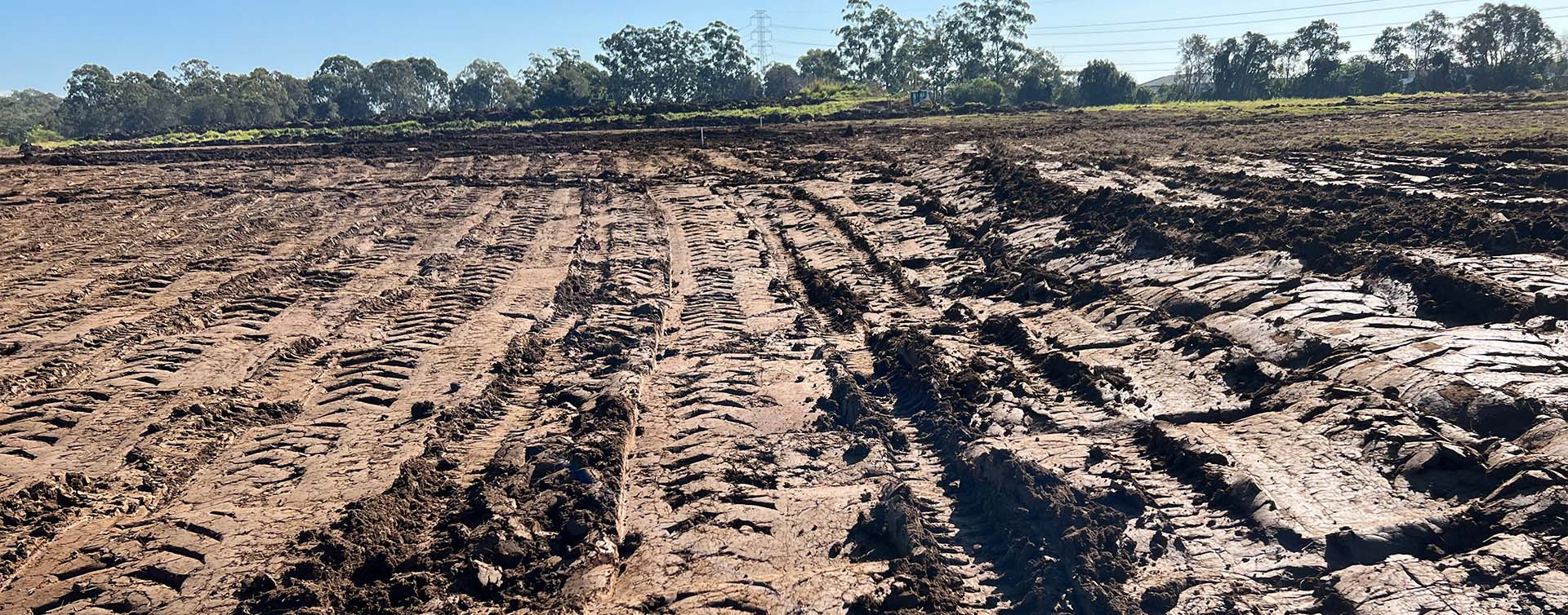 A muddy field with deep tire tracks, evidence of recent compaction efforts, extends toward a distant tree line. The sky is clear, and the lighting suggests a sunny day.