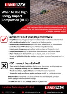 Infographic listing when to use or avoid High Energy Impact Compaction (HEIC) by LANDPAC.