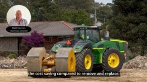A green and yellow tractor with large rollers at a construction site; man inset at top left.