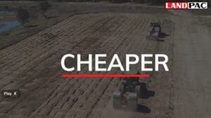 Two tractors work on a dirt field with the word "CHEAPER" overlaid; LandPac logo in corner.