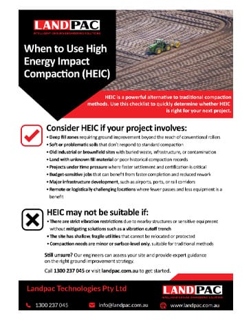 A flyer about when to use high energy impact compaction with a tractor image at the top.
