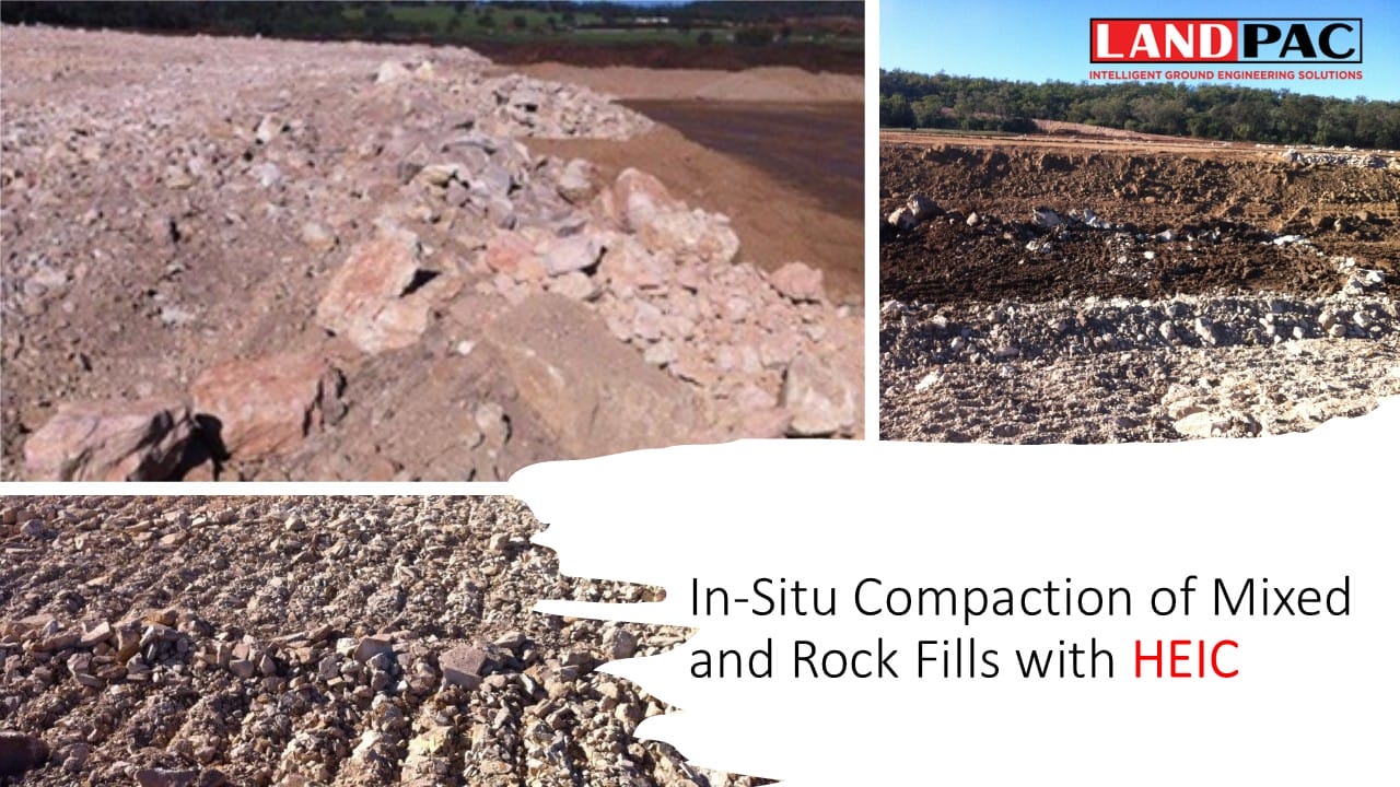Rock and mixed fill compaction on-site, with LANDPAC logo and project description visible.