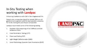 Presentation slide on in-situ testing with Landpac, listing recommended geotechnical tests.