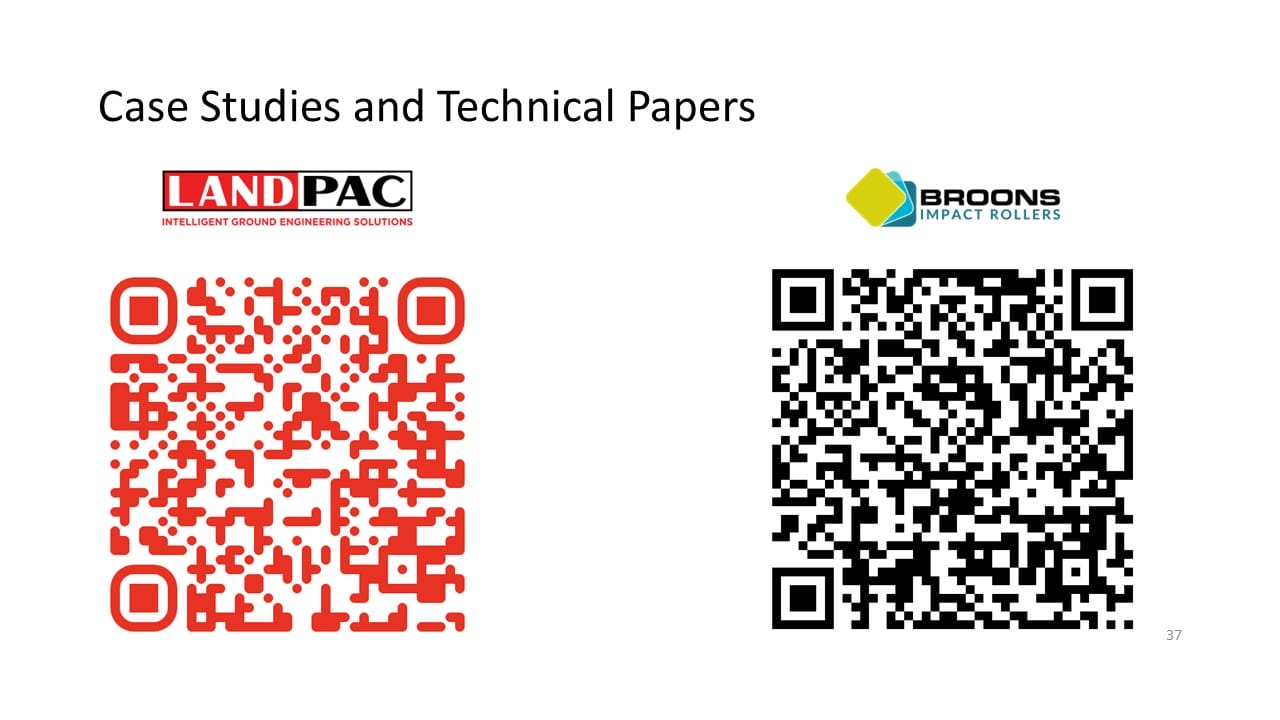 Two QR codes with Landpac and Broons logos for case studies and technical papers.